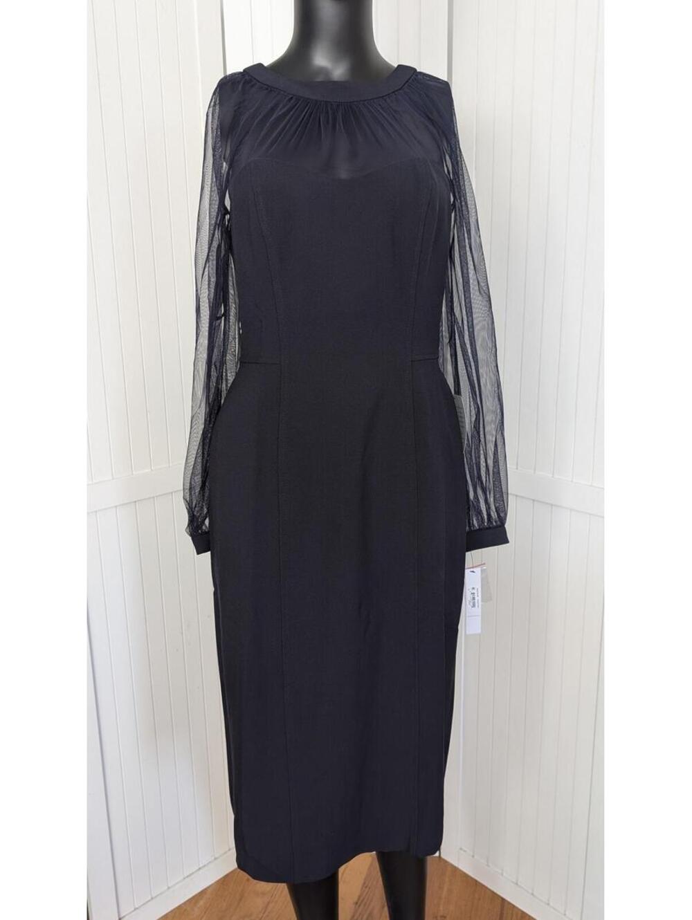 Maggy London Navy Sheath Dress Mesh Sleeve Back V Cocktail Size 6 NWT